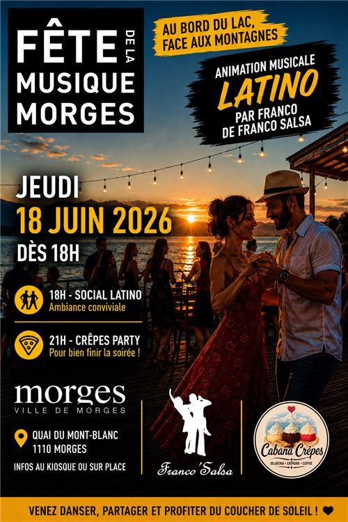 Affiche Fête de la Musique Morges, animation latino par Franco Salsa, 18 juin 2026